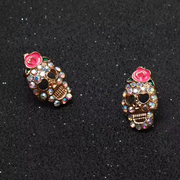Pink Skull Skeleton Gold Crystal Earrings - Picture 12 of 13
